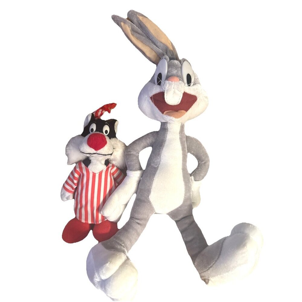 2 Lot Vintage 1992 Looney Tunes Sylvester 9” Bugs Bunny 21” Stuffed Animals